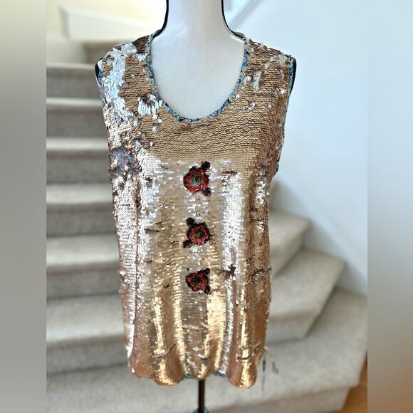 TWINSET Simona Barbieri Gold Sequin & Rosette Blue Tank - Picture 1 of 8